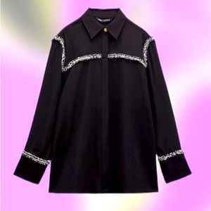 Zara Black Combination Textured Blouse, Women’s Size Large